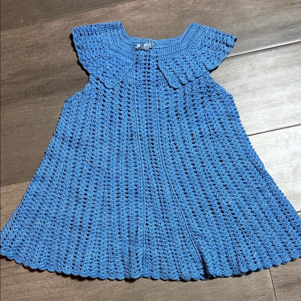 Vintage Hand Crocheted Baby Dress Blue Scalloped Hem Size 6-9M